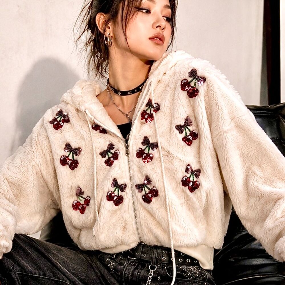 Miss Chevious Ivory Faux Fur Cropped Hoodie Cherry Sequin Cherry Zip Up Jacket